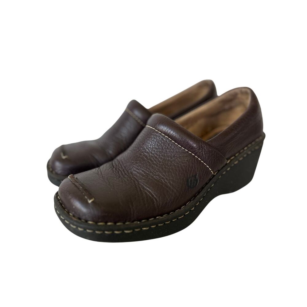 Born Brown Leather Platform Clogs Slip On Shoes Comfort Boho square toe work 7